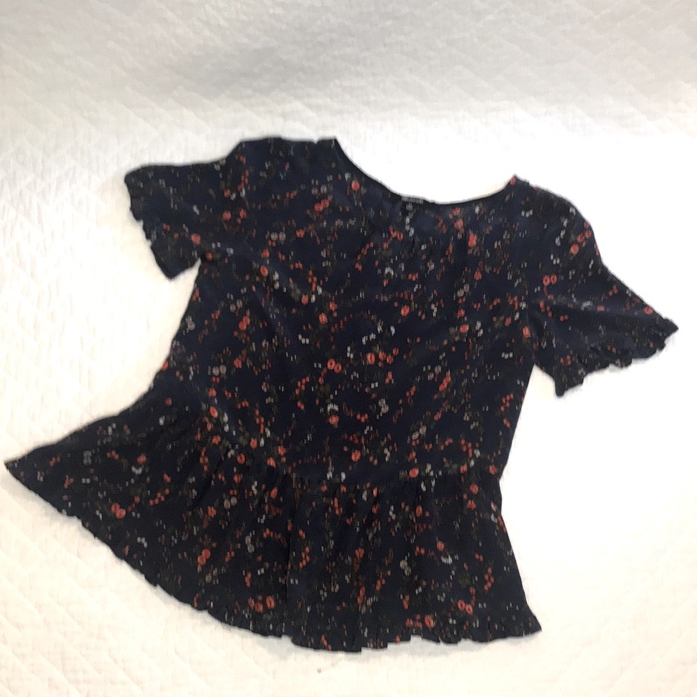 Madewell Flowered Silk Blouse Ruffled Hem. Size XS